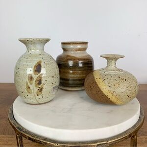 Trio Miniature Vases Signed Brown Beige Neutral Tone Vtg Speckled Handmade